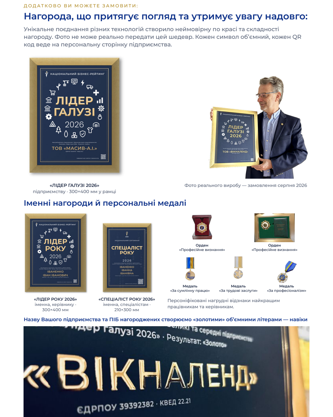 Нагороди 2026: настінна нагорода «Лідер галузі 2026», іменні нагороди «Лідер року» і «Спеціаліст року», ордени та медалі